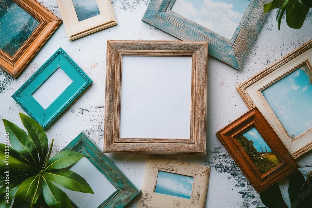 Fototapeta premium Rustic Wooden Frames Surround Blank Picture Frame