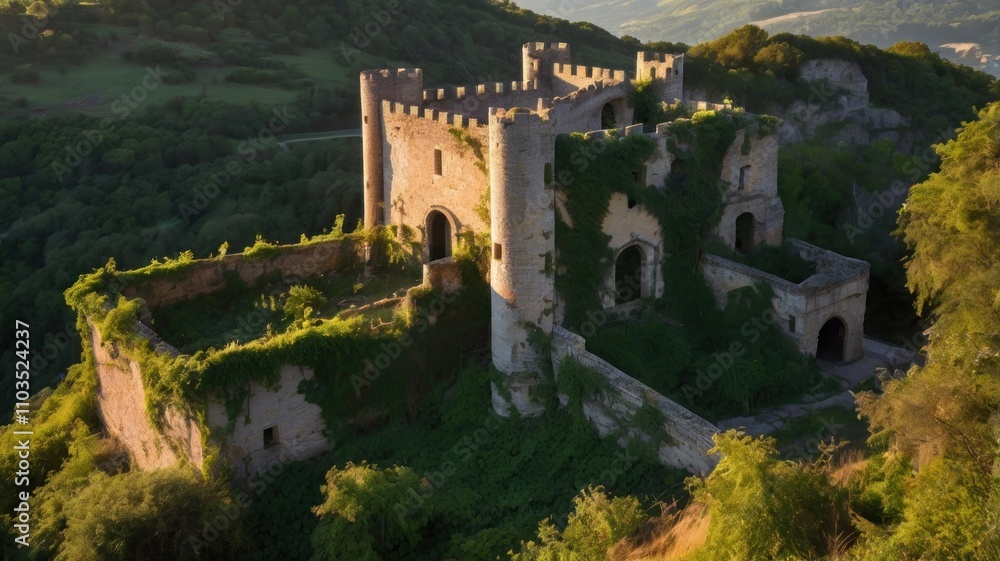 Overgrown medieval castle ruins on a hillside at sunset. Overgrown medieval castle ruins on a hillside at sunset.