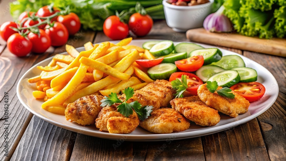 Delicious Grilled Chicken Nuggets with Crispy Chips and Fresh Vegetables on a White Plate Ready for a Healthy Meal, Perfect for Families and Gatherings, with Copy Space for Text Delicious Grilled Chicken Nuggets with Crispy Chips and Fresh Vegetables on a White Plate Ready for a Healthy Meal, Perfect for Families and Gatherings, with Copy Space for Text