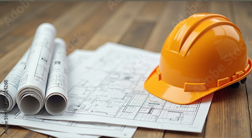 construction helmet and blueprint
