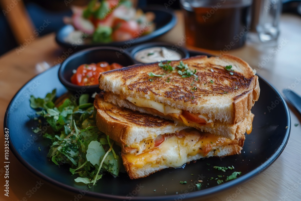 Two grilled cheese sandwiches stacked on top of each other served on a black plate Two grilled cheese sandwiches stacked on top of each other served on a black plate