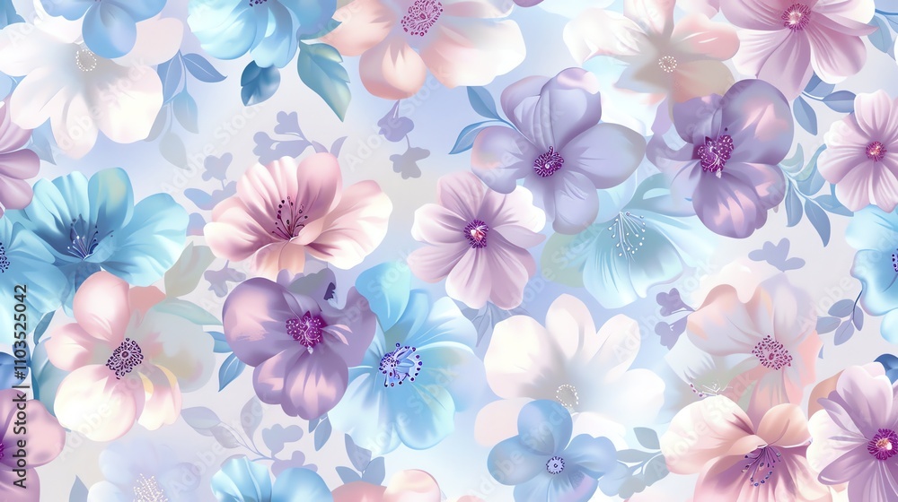 A seamless pattern of pastel blue, pink, and purple flowers. A seamless pattern of pastel blue, pink, and purple flowers.