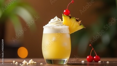 Pina Colada Cocktail - A refreshing tropical cocktail garnished with a pineapple slice, cherry, and whipped cream, set against a blurred natural background