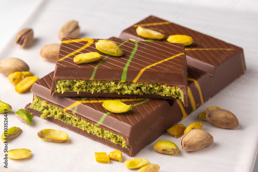 Dubai chocolate is a dessert prepared with milk and dark chocolate, roasted shredded wheat, pistachio paste and tahini.