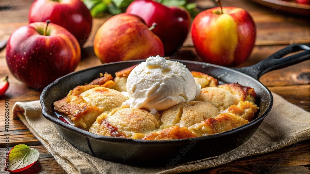 Delicious Skillet Apple Cobbler Topped with Creamy Ice Cream and Surrounded by Fresh Apples in a Close-Up Horizontal Side View Delicious Skillet Apple Cobbler Topped with Creamy Ice Cream and Surrounded by Fresh Apples in a Close-Up Horizontal Side View