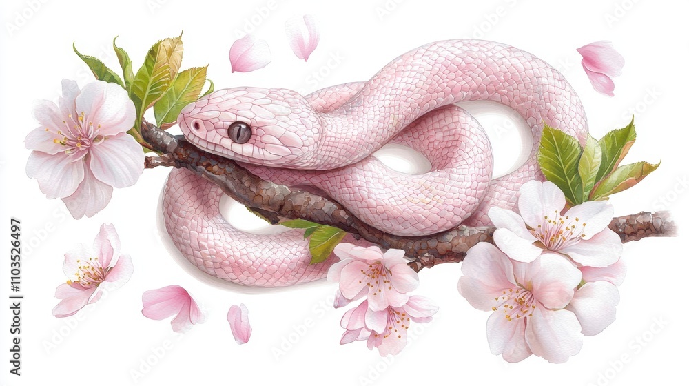 Fototapeta premium Lunar New Year watercolor element concept. Pink snake resting on a branch with cherry blossoms