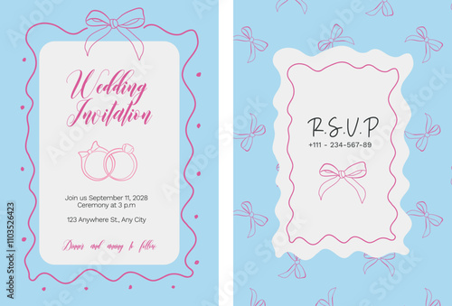 Wedding coquette with ribbon bow invitation template. Romantic feminine style ceremony card with vector hand drawn illustrations. Printable design.