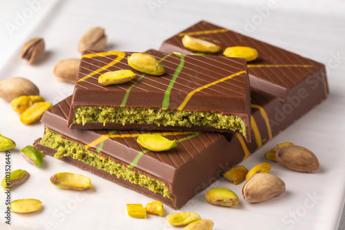 Obraz na płótnie Dubai chocolate is a dessert prepared with milk and dark chocolate, roasted shredded wheat, pistachio paste and tahini. w salonie