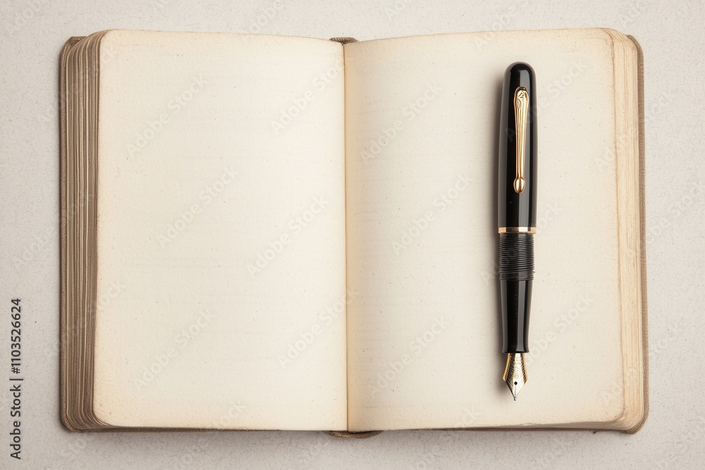 Outline sketch and guideline concept, An open notebook with blank pages lies on a surface, accompanied by a sleek black pen positioned on top. Outline sketch and guideline concept, An open notebook with blank pages lies on a surface, accompanied by a sleek black pen positioned on top.