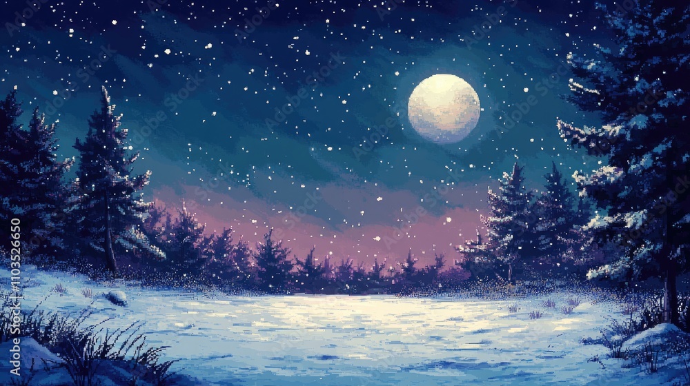 Naklejka premium Serene Winter Night with Snowfall and Bright Moon in Forest Scene