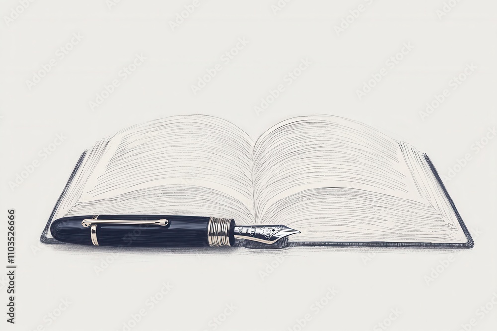 Outline sketch and guideline concept, An open book with intricate pages lies next to a sleek fountain pen, symbolizing writing and knowledge. Outline sketch and guideline concept, An open book with intricate pages lies next to a sleek fountain pen, symbolizing writing and knowledge.