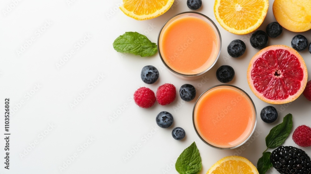 Fresh Citrus and Berry Juices Surrounded by Vibrant Fruits and Mint Fresh Citrus and Berry Juices Surrounded by Vibrant Fruits and Mint
