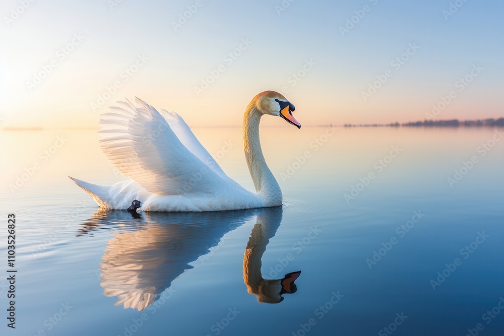 Outline sketch and guideline concept, A serene swan glides across a calm lake, wings partially spread, reflecting the soft morning light in tranquil waters. Outline sketch and guideline concept, A serene swan glides across a calm lake, wings partially spread, reflecting the soft morning light in tranquil waters.