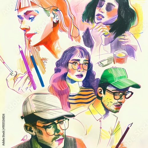 different people in sketching style by mixed media techniques 