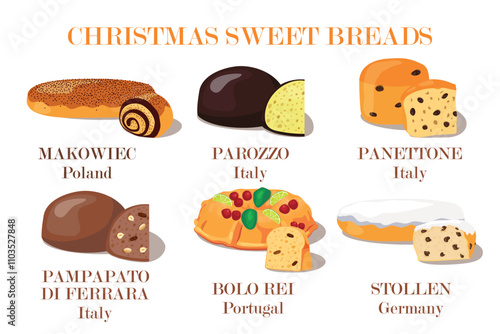 Various Christmas sweet breads flat vector collection. Cartoon cakes illustration set