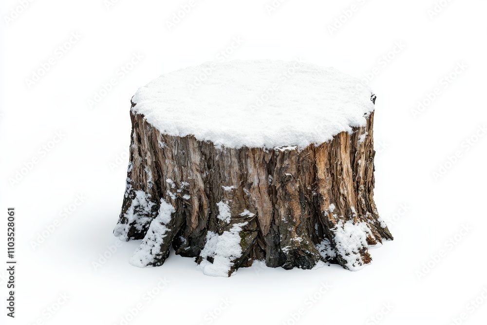 An old textured tree stump lightly covered in snow isolated on a white background An old textured tree stump lightly covered in snow isolated on a white background
