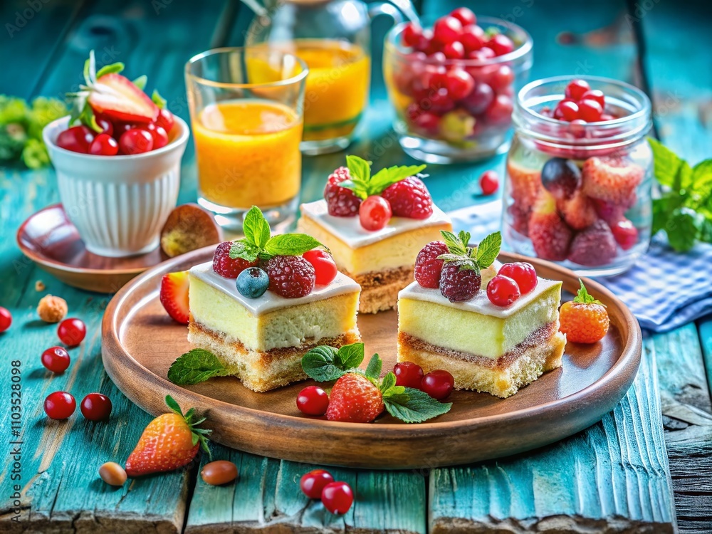Delightful Serving Tray with Egg-Free Cakes, Fresh Fruit, and a Glass of Water in a Sweetly Illustrated Macro Photography Style for Food Lovers Delightful Serving Tray with Egg-Free Cakes, Fresh Fruit, and a Glass of Water in a Sweetly Illustrated Macro Photography Style for Food Lovers