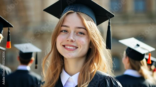 Happy graduate smiling and wearing woman doctoral graduation cap gown and mortarboard