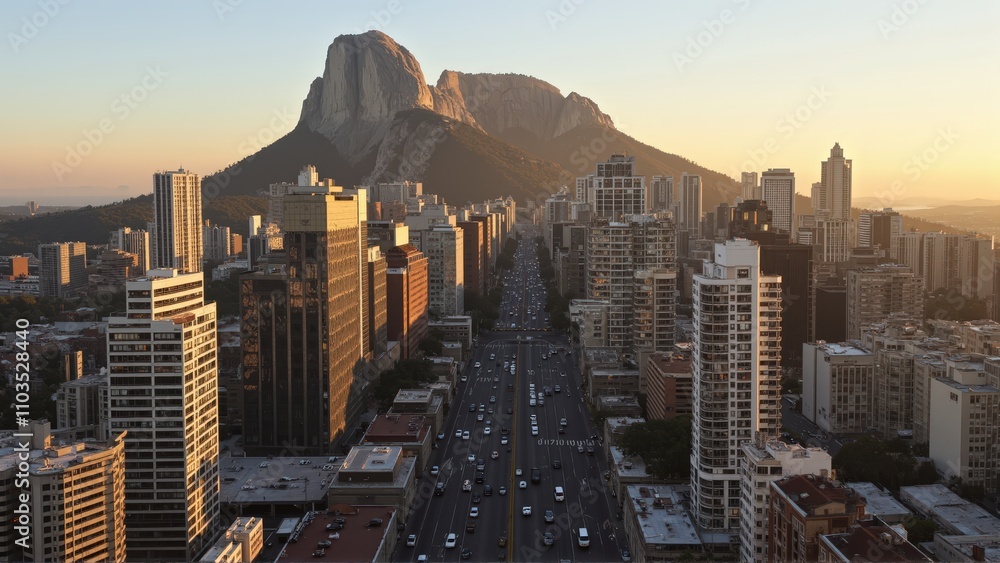 Obraz premium Generative AI, Golden Sunrise Over a Modern Metropolis and Granite Plateau