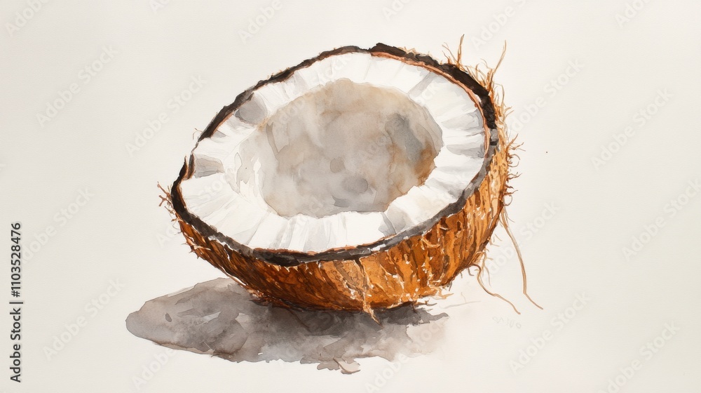 A single coconut with a halved section revealing white flesh, painted in watercolor on white. A single coconut with a halved section revealing white flesh, painted in watercolor on white.