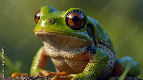 close up photo of a green frog in the grass