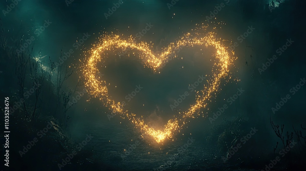 Glowing Heart Shape in Dark Enchanted Forest Background Glowing Heart Shape in Dark Enchanted Forest Background