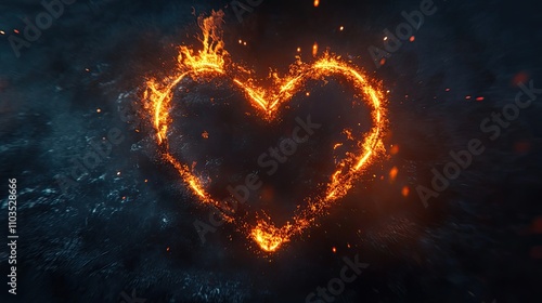 Fiery Heart Shape with Glowing Flames in Dark Background