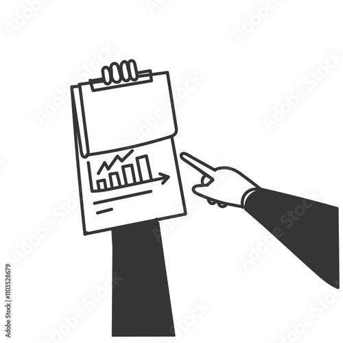 hand holding clipboard with significant data graph growth arrow in doodle