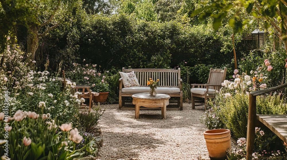 Rustic Garden Patio with Wooden Furniture Rustic Garden Patio with Wooden Furniture
