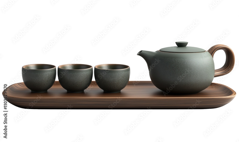 Teapot and cups set on wooden tray, elegant design, minimalist style, smooth textures, muted colors, perfect for tea ceremony, isolated on transparent background, png Teapot and cups set on wooden tray, elegant design, minimalist style, smooth textures, muted colors, perfect for tea ceremony, isolated on transparent background, png