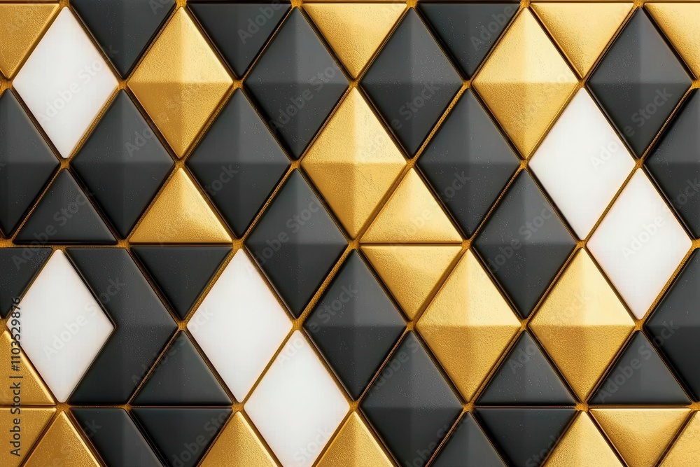 Outline sketch and guideline concept, A vibrant geometric pattern featuring gold, black, and white triangular tiles arranged in a mesmerizing design.