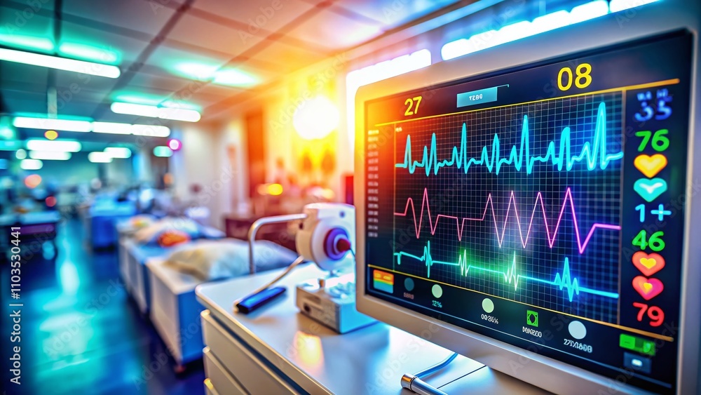 Detailed Shot of a Heart Rate Monitor Displaying Real-Time Heartbeat Graph in a Clinical Environment, Capturing the Precision of Heart Rhythms with Tilt-Shift Photography Detailed Shot of a Heart Rate Monitor Displaying Real-Time Heartbeat Graph in a Clinical Environment, Capturing the Precision of Heart Rhythms with Tilt-Shift Photography