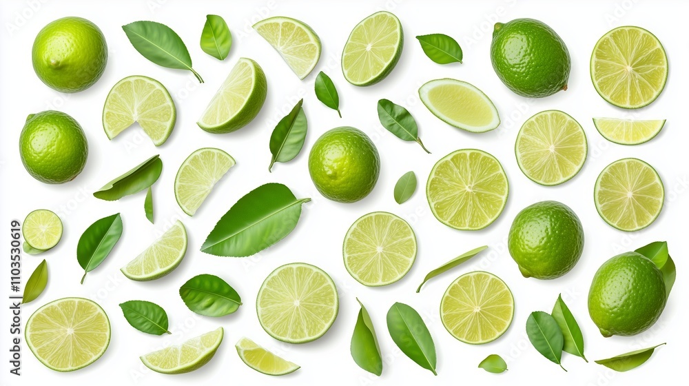 Fresh limes and lime leaves arranged on a white background for vibrant culinary presentation Fresh limes and lime leaves arranged on a white background for vibrant culinary presentation