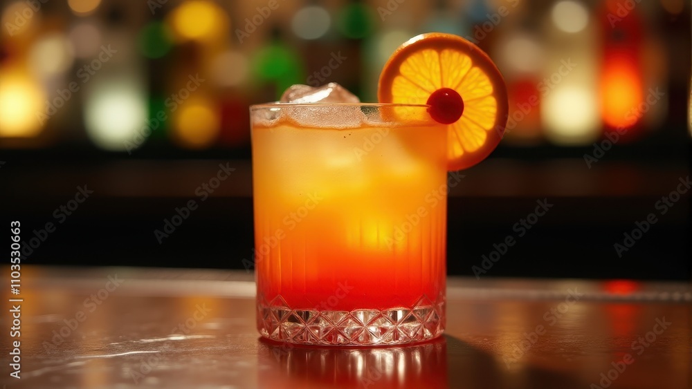 Tequila Sunrise Cocktail - Vibrant cocktail garnished with orange slice and cherry in a crystal glass against a blurred bar backdrop, capturing the essence of nightlife and refreshment Tequila Sunrise Cocktail - Vibrant cocktail garnished with orange slice and cherry in a crystal glass against a blurred bar backdrop, capturing the essence of nightlife and refreshment