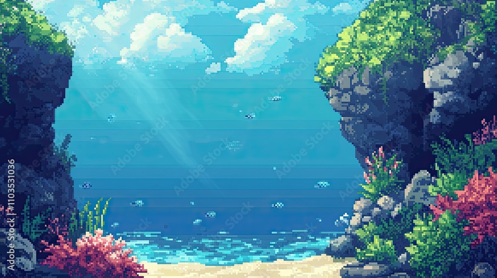 Fototapeta premium Serene Beach Cove with Crystal Clear Water and Vibrant Flora