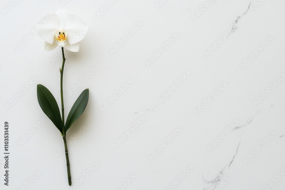 Outline sketch and guideline concept, A delicate white orchid flower against a smooth, light background, showcasing its elegant petals and green leaves. Outline sketch and guideline concept, A delicate white orchid flower against a smooth, light background, showcasing its elegant petals and green leaves.