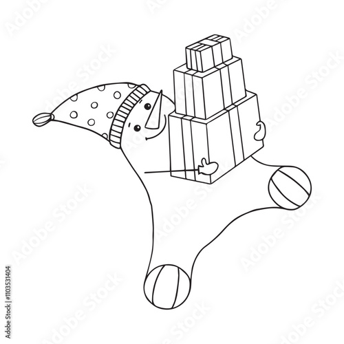 A cheerful snowman in a hat and with a smile on his face holds many boxes with gifts in his hands. New Year s card. Coloring for children.