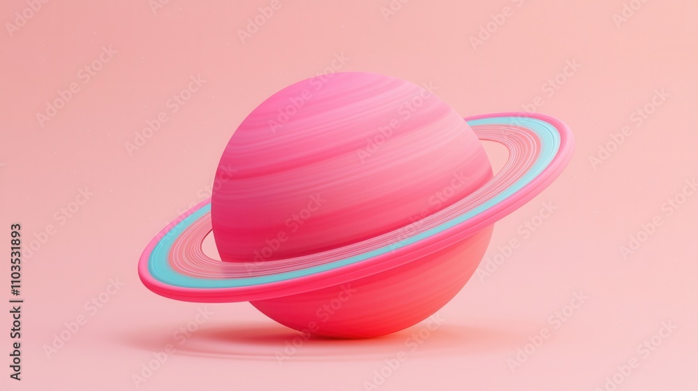 Obraz premium Outline sketch and guideline concept, A stylized pink planet resembling Saturn, featuring rings and set against a soft pastel background.