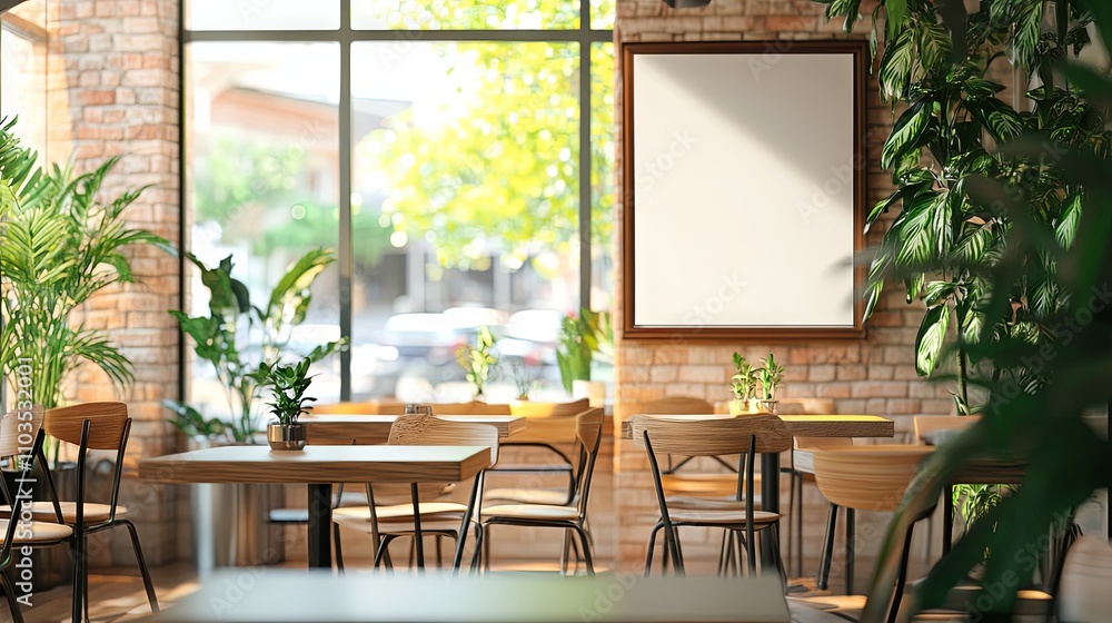 Modern Cafe Interior with Lush Plants and Wooden Furniture Modern Cafe Interior with Lush Plants and Wooden Furniture