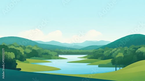 Serene River Landscape with Rolling Hills and Lush Greenery