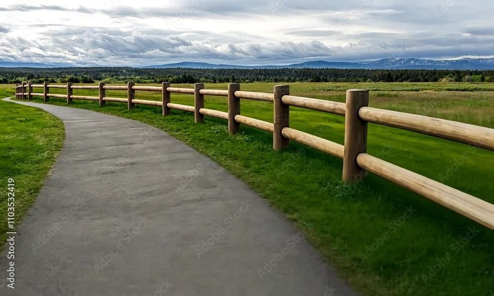 A winding path lined with wooden fence stretches through a grassy area, showcasing a tranquil setting under a cloudy sky with distant mountains A winding path lined with wooden fence stretches through a grassy area, showcasing a tranquil setting under a cloudy sky with distant mountains