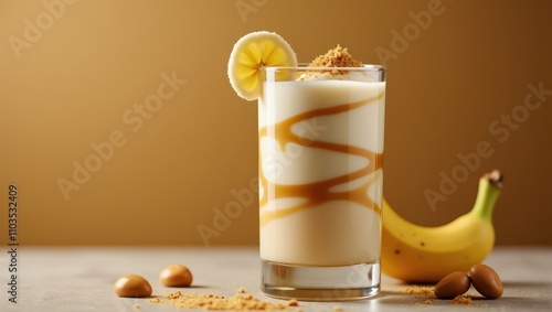 A creamy banana milkshake swirled with caramel, topped with cookie crumbs, and garnished with a banana slice against a warm background