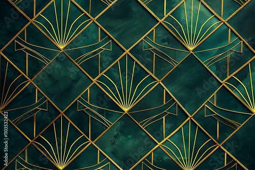 Emerald Green Art Deco Gold Geometric Pattern Design Wallpaper