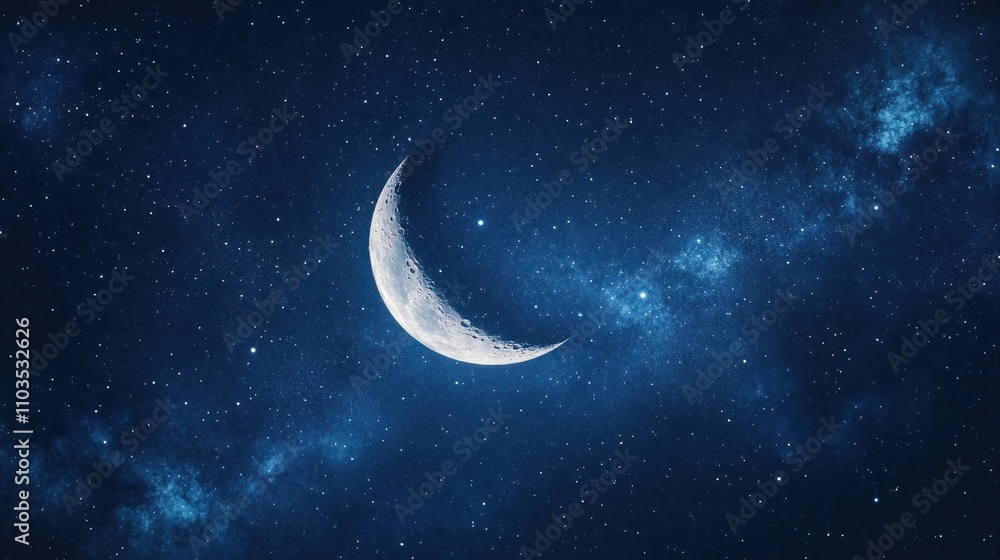 Gazing upon the heavens, one finds a tranquil crescent moon cradled among a myriad of stars. The night's embrace is cool and dark, yet the celestial bodies cast a soft, enchanting glow Gazing upon the heavens, one finds a tranquil crescent moon cradled among a myriad of stars. The night's embrace is cool and dark, yet the celestial bodies cast a soft, enchanting glow