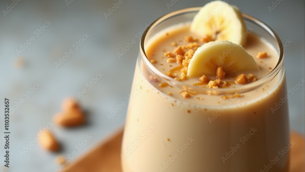 Creamy peanut butter banana smoothie topped with banana slices and crushed peanuts for a delicious, nutritious treat enjoyed in a glass Creamy peanut butter banana smoothie topped with banana slices and crushed peanuts for a delicious, nutritious treat enjoyed in a glass
