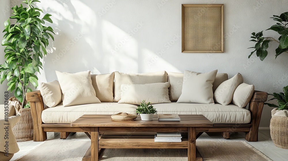 Modern Beige Sofa and Wooden Coffee Table Living Room Modern Beige Sofa and Wooden Coffee Table Living Room