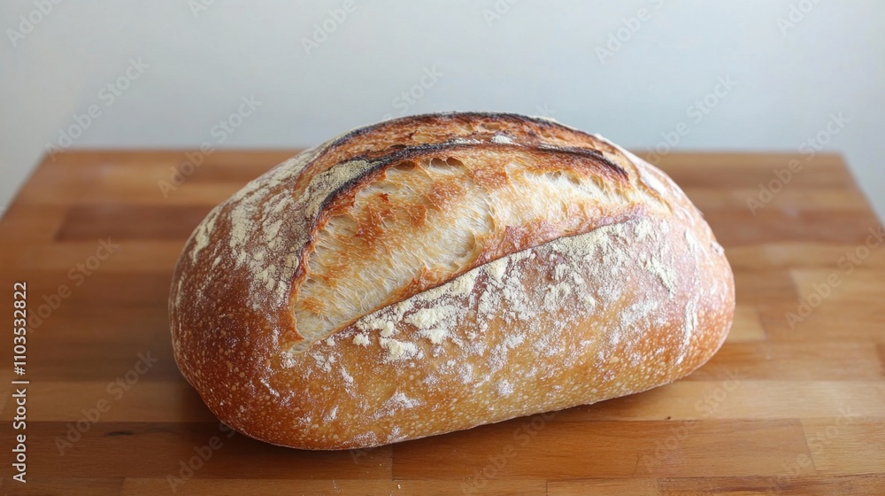 A sourdough bread loaf with a crackled crust, isolated on a rustic wooden table. A sourdough bread loaf with a crackled crust, isolated on a rustic wooden table.