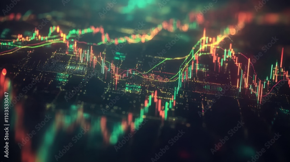 Fototapeta premium A stock market concept featuring a blend of glowing statistics, arrows, and a dark background.