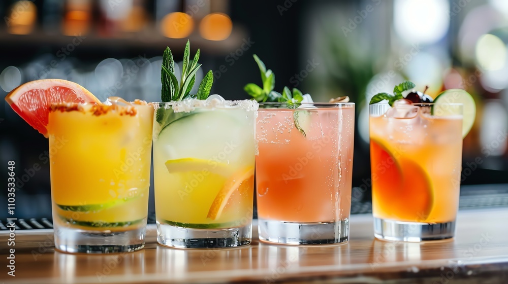 Four refreshing cocktails with a variety of fruits and garnishes. Four refreshing cocktails with a variety of fruits and garnishes.