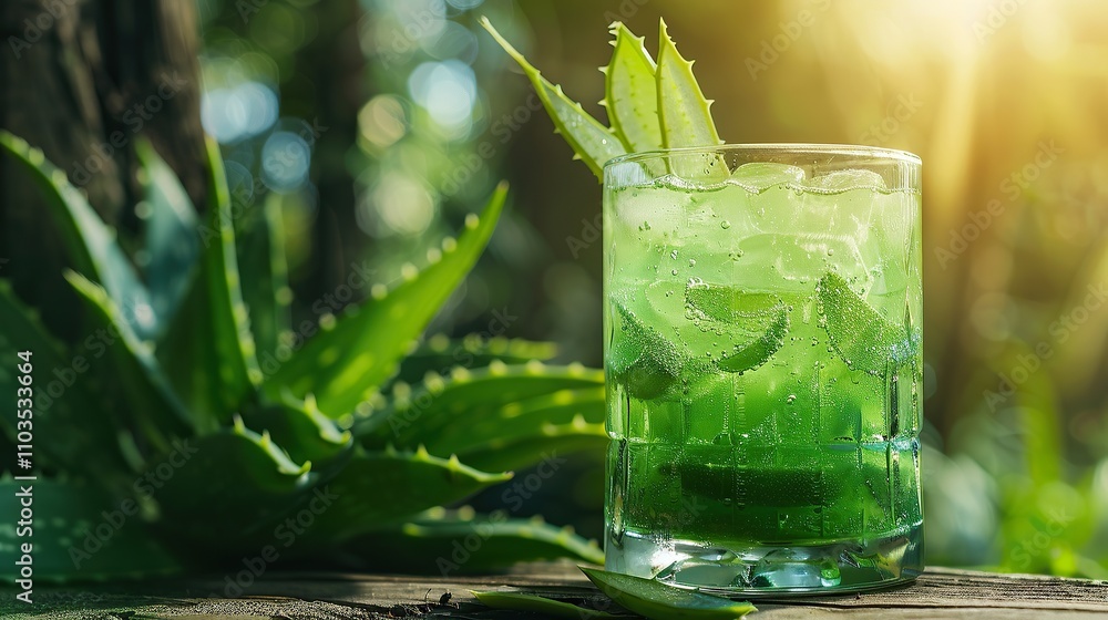 Aloe vera healthy drink on wooden table with blurred background Aloe vera healthy drink on wooden table with blurred background